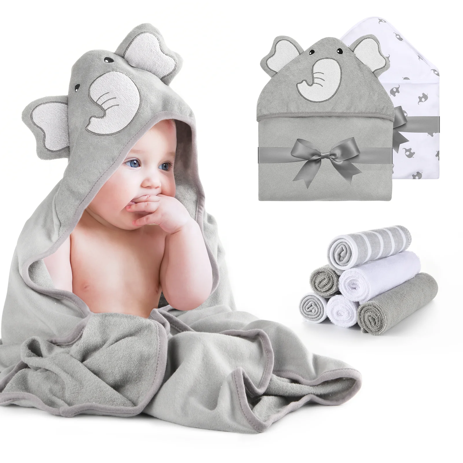 

Детское полотенце Momcozy Cute Elephant с капюшоном — 8 предметов для ванны, 2 полотенца и 6 комплектов салфеток для стирки — идеальный душ