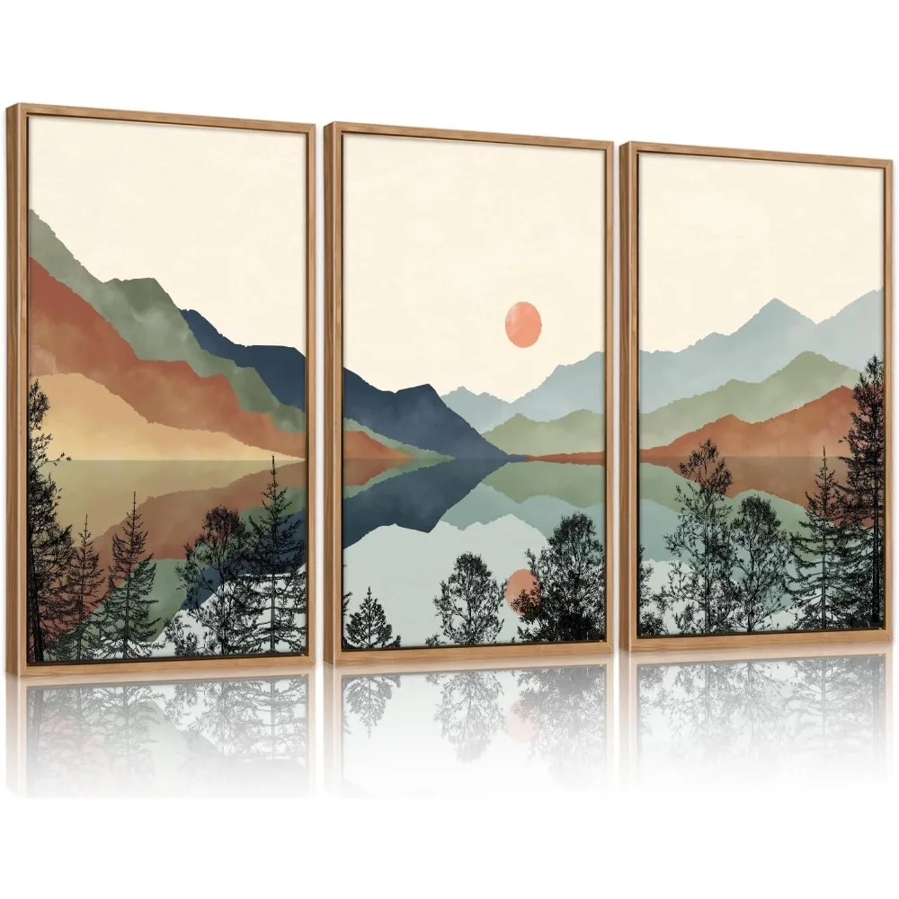 

Mountain Sun Forest Framed Art Prints(Set of 3, 16”x24”), Boho Watercolor Nature Landscape Canvas Artwork Painting, Abstr