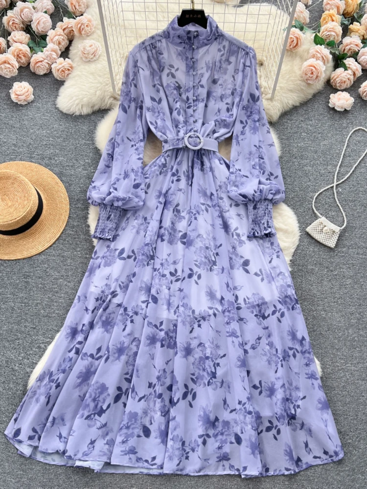 Temperament Korean Dresses Women Clothing 2024 Vestidos De Mujer Single Breasted Belt Robe Femme Sweet Floral Autumn Maxi Dress