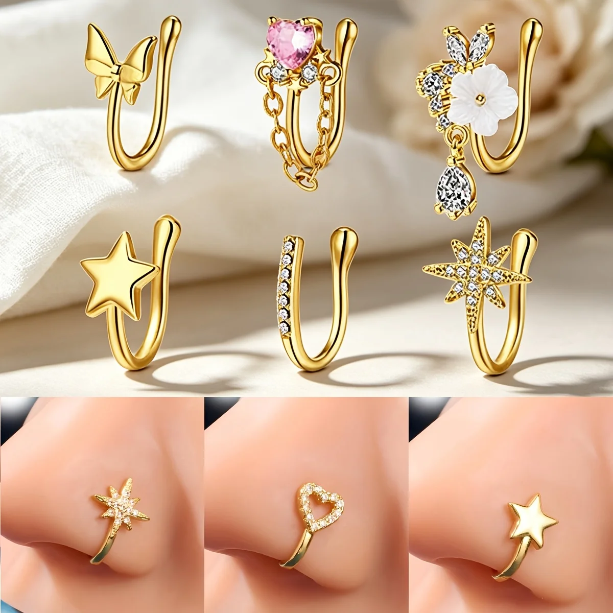 6pcs Exquisite U-Shaped Fake Nose Rings, Adjustable Non-Piercing Nose Cuffs, Can Be Used As Ear Cuffs, Easy Wear Jewelry