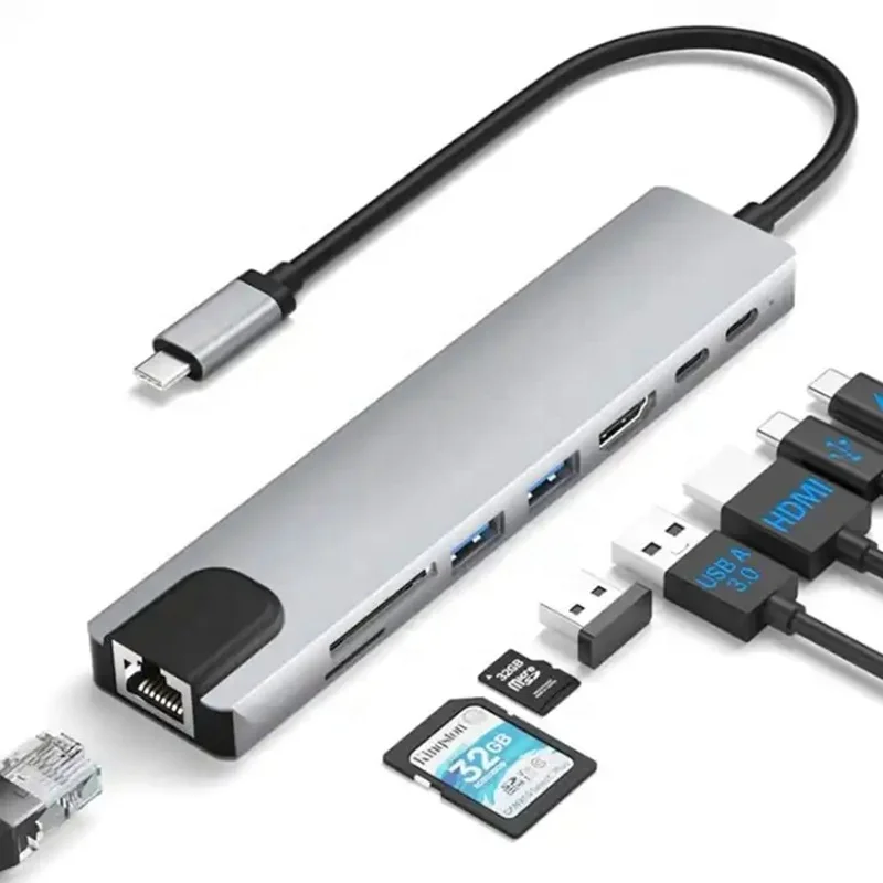 Hub multiporta USB tipo C 8 in 1 Hub adattatore multiporta Hub USB C tipo C 8 in 1 con lettore di schede 4K HDTV HDMI USB 3.0 SD TF Ricarica PD