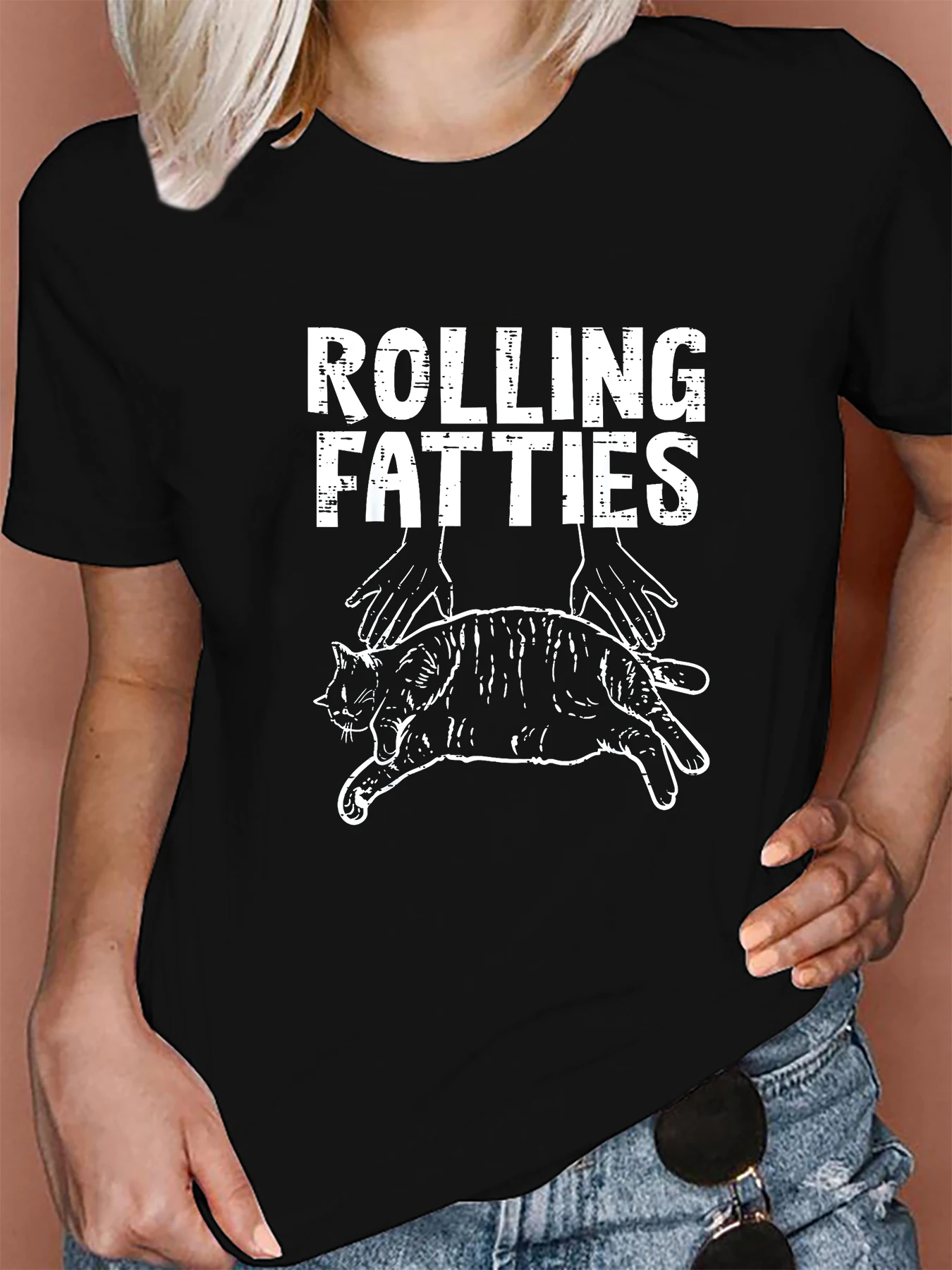 Rolling Fatties Cat  Printed T-Shirt Women Street Trend Harajuku Summer New T Shirt Casual Round Neck Short Sleeve Tops 2024