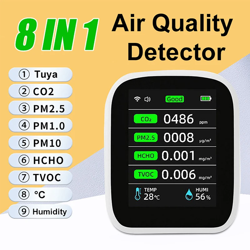 WiFi 8-in-1 TFT Smart Air Quality Monitor NDIR & Laser Dual Sensor for CO2 PM2.5 HCHO TVOC APP Control Home Indoor Air Detector