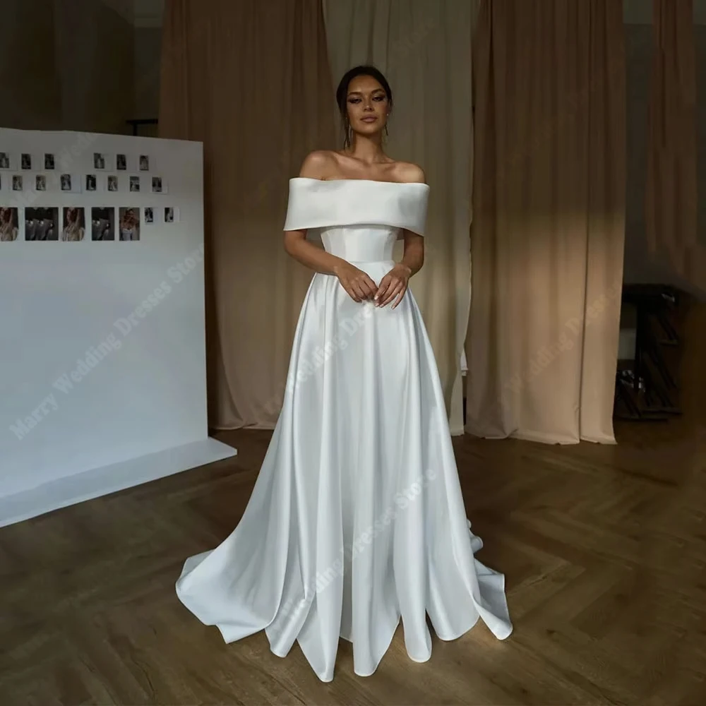Abiti da sposa eleganti personalizzati con pieghe da donna con spalle scoperte Abiti da sposa a-line in raso per abiti da festa formali Para Mujer