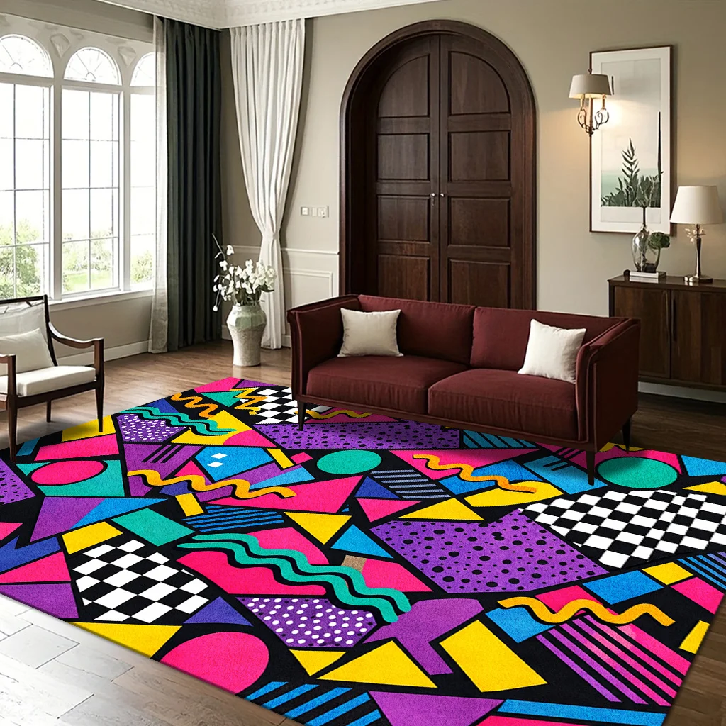 Abstract Geometric Memphis Style Rug, Vibrant 80s‑90s Decor Mat, Non‑Slip Easy‑Clean Durable for Living Room Hallway Entryway