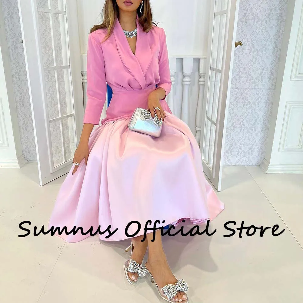 Sumnus Pink Long Sleeve A Line Saudi Arabia Evening Dresses Draped Satin Elegant Midi Women Formal Gowns Dubai Prom Party Dress