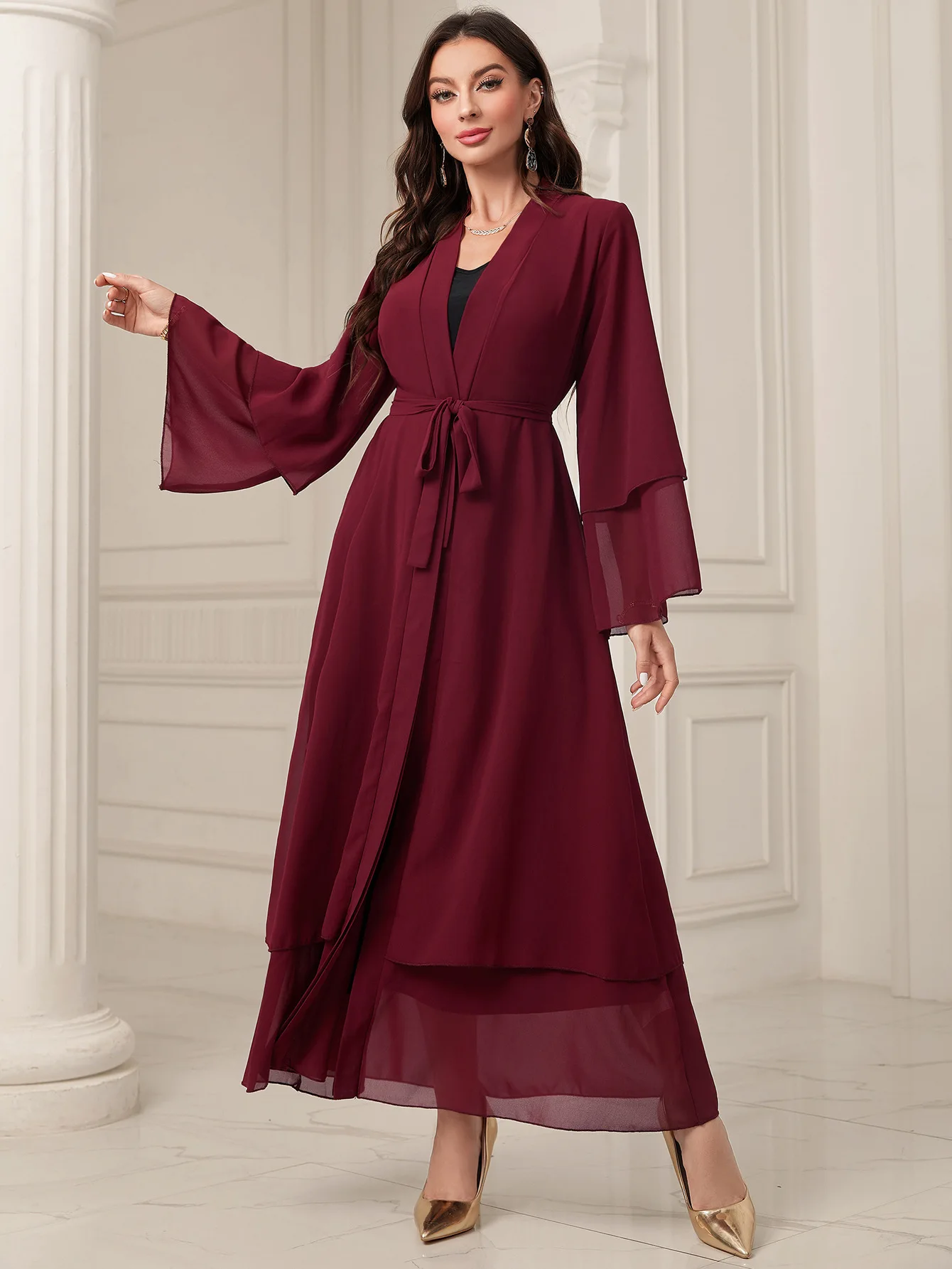 Faionable cor pura maxi dr tiras chiffon plus size longo robe ele v-ne saia linha a sle primavera commute wear