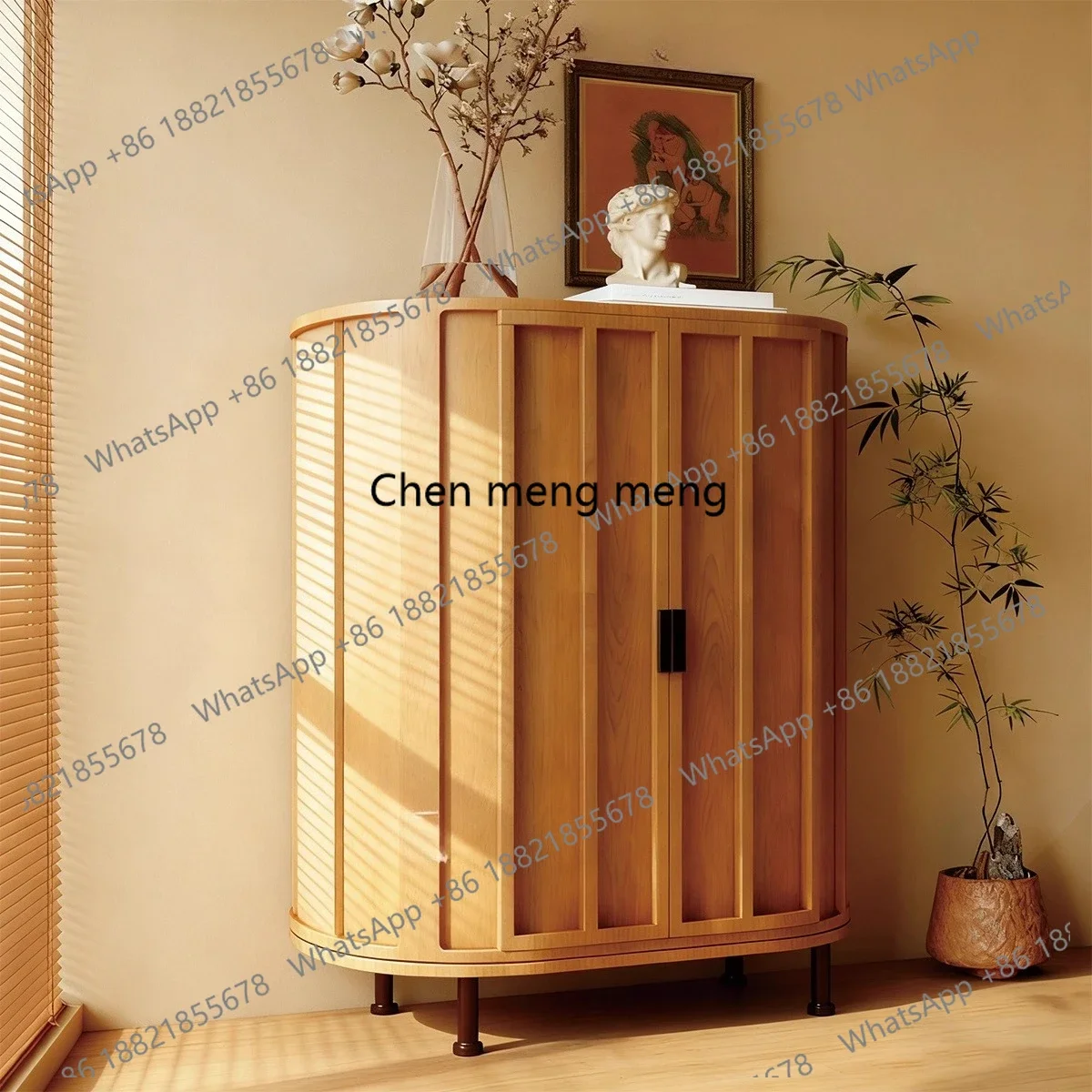 

New Chinese Style Solid Wood Sideboard Natural Wood Color Living Room Wall-Mounted Storage Cabinet Zen Tea Cabinet Customizable