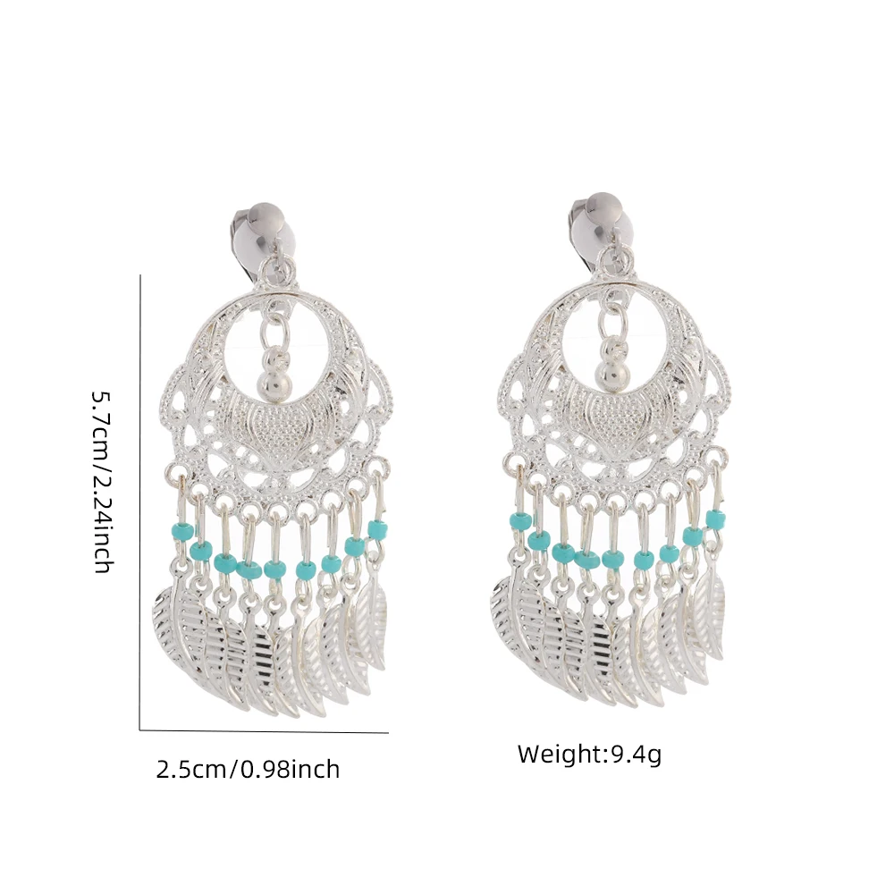 2024 Vintage Ethnic clip on Earrings for Women Round Turquoise Bohemian Handmade Tassel Earrings Party Wedding Ear Jewelry