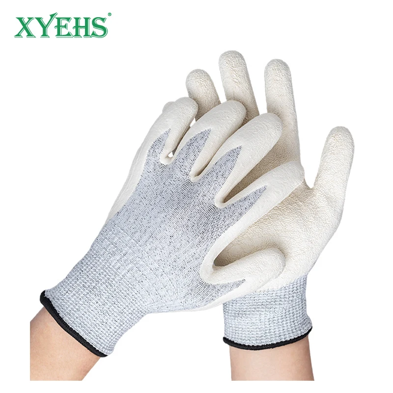 

XYEHS Level 3 Cut Resistant Safety Work Gloves, Anti-Slip Wrinkle Latex Dipped Palm Coating 13 Gauge HPPE Lining Glass Handling