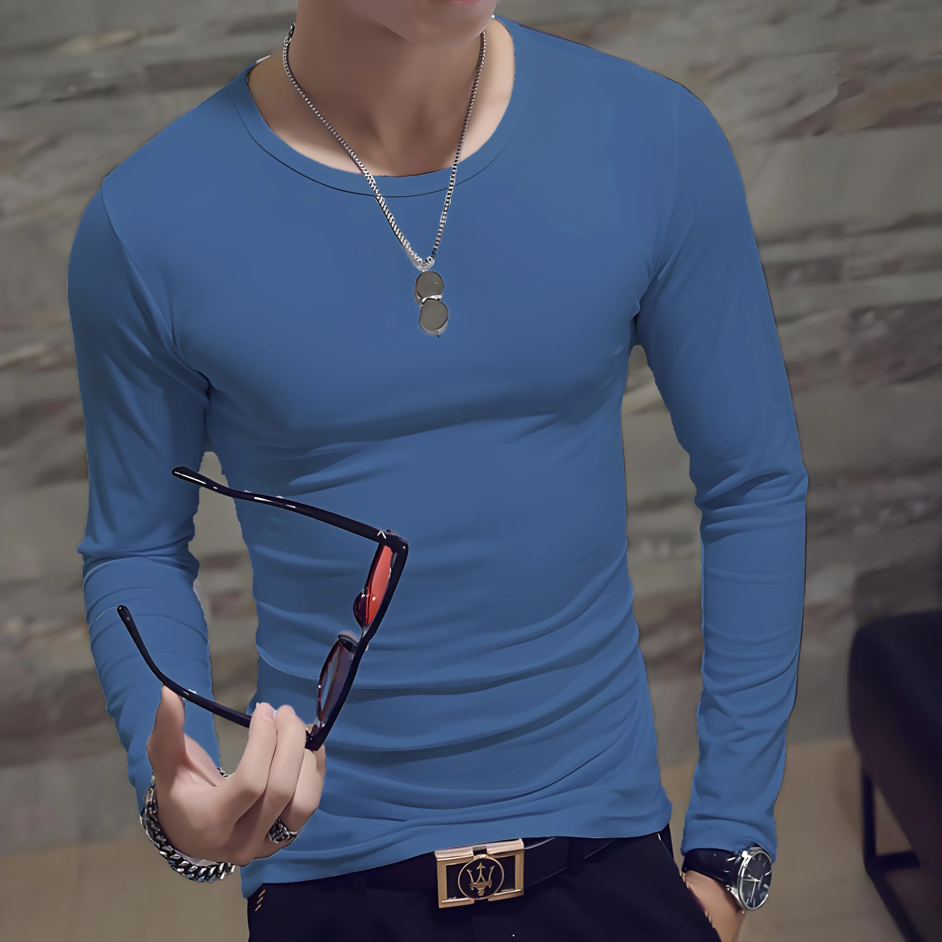 Men's casual fashion solid color long-sleeved round neck T-shirt classic men's spring and autumn thin comfortable top image 2