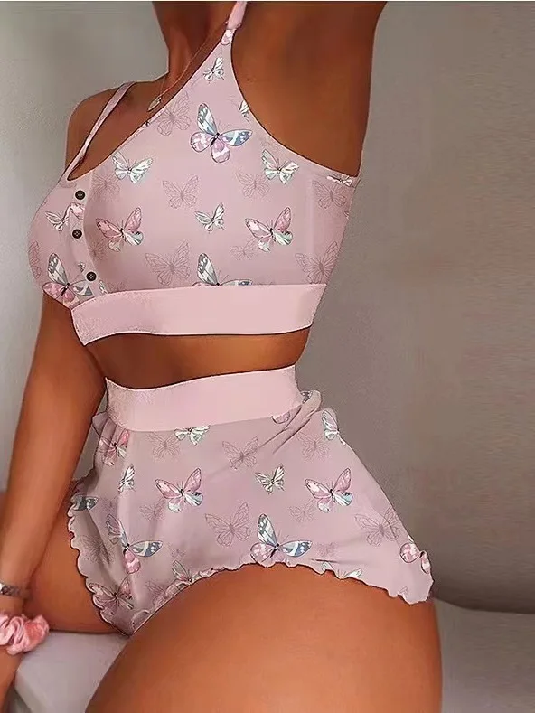 New Fashionable Printed Suspender Two-piece Set Thin Tight Sweet Home Clothes Close-fitting Elastic Cute Outfits For Women NVQI