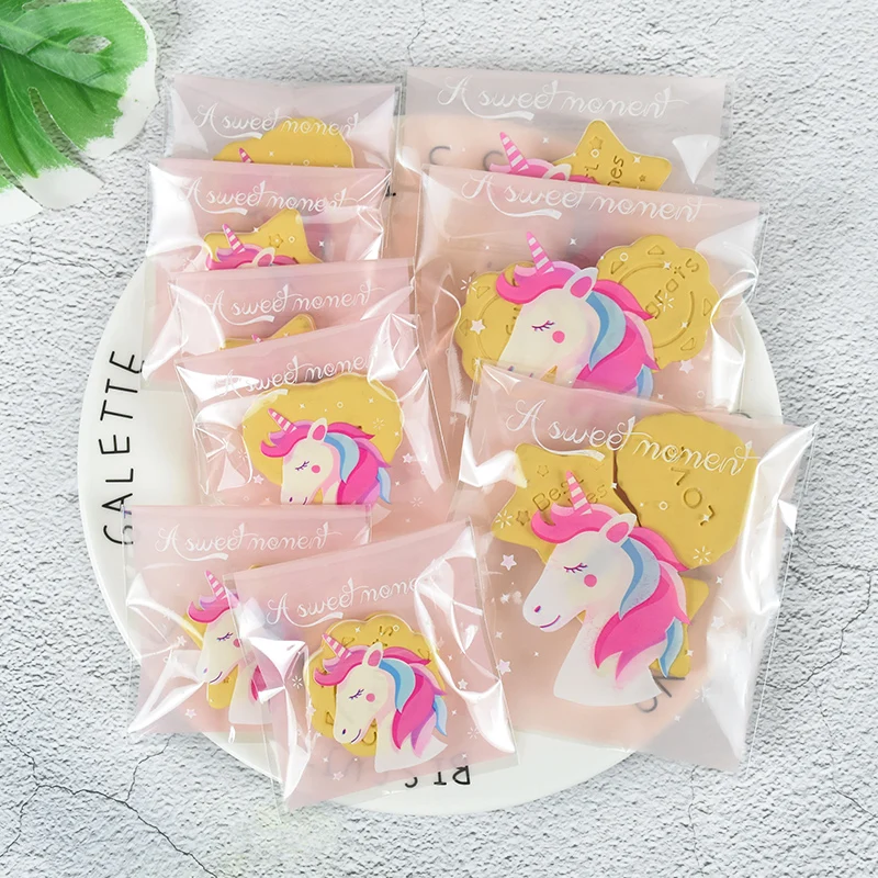 100pcs Cute Unicorn Self Adhesive Plastic Bag Candy Cookie Biscuit Packaging Bag for Kids Birthday Party Wedding Favors Supplies