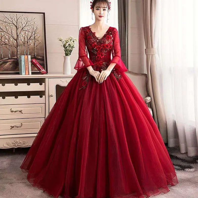 

2026 Women's New Mesh Embroidered V-neck Evening Dress Fashionable Slimming Host Long Style Annual Meeting Puffy Skirt Dance