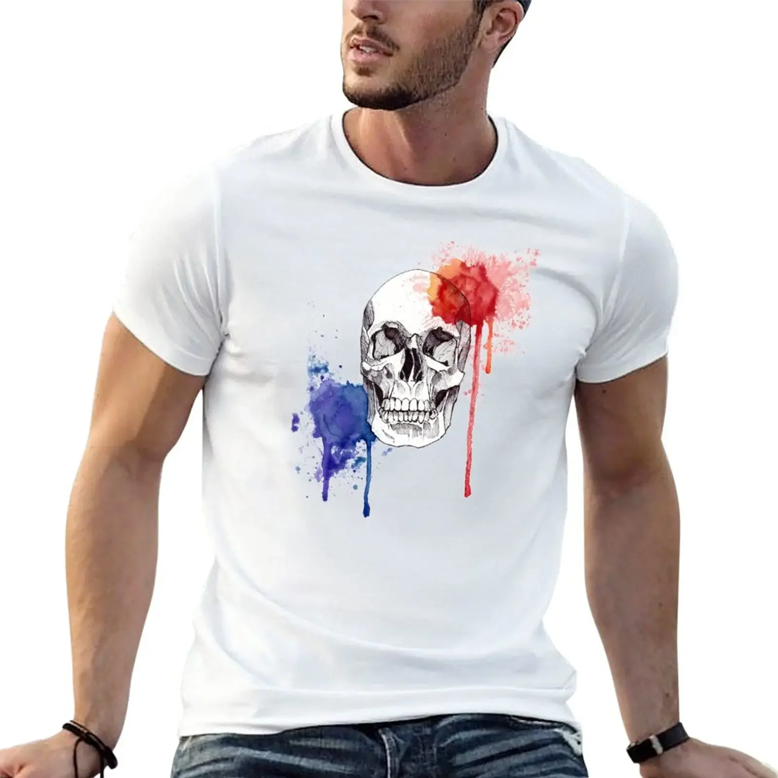 

Watercolor Skull T-Shirt aesthetic clothes animal prinfor boys oversized mens t shirts