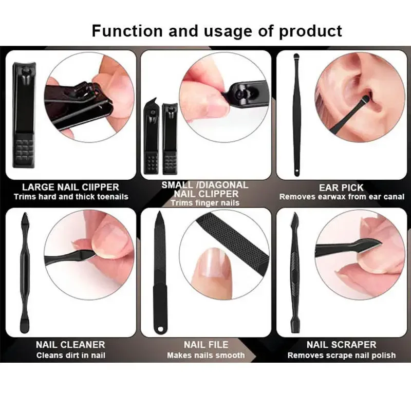 7-18pcs Black Manicure And Pedicure Set Stainless Steel Scissors Nail Clipper Grooming Tool Kit image 2