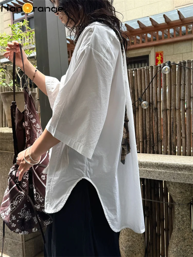HanOrange 2025 Summer Short Front Long Back Three-quarters Sleeve Blouse Women Simple 100% Cotton Wide Loose Top White/Navy Blue