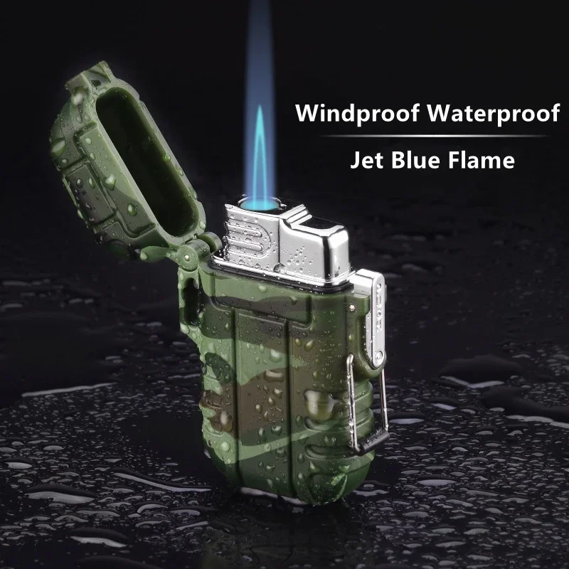 Outdoor Waterproof Lighters With Lanyard Portable Blue Flame Jet Lighter Butane Turbo Cigar Lighter Camping Wading Men\'s Gadgets