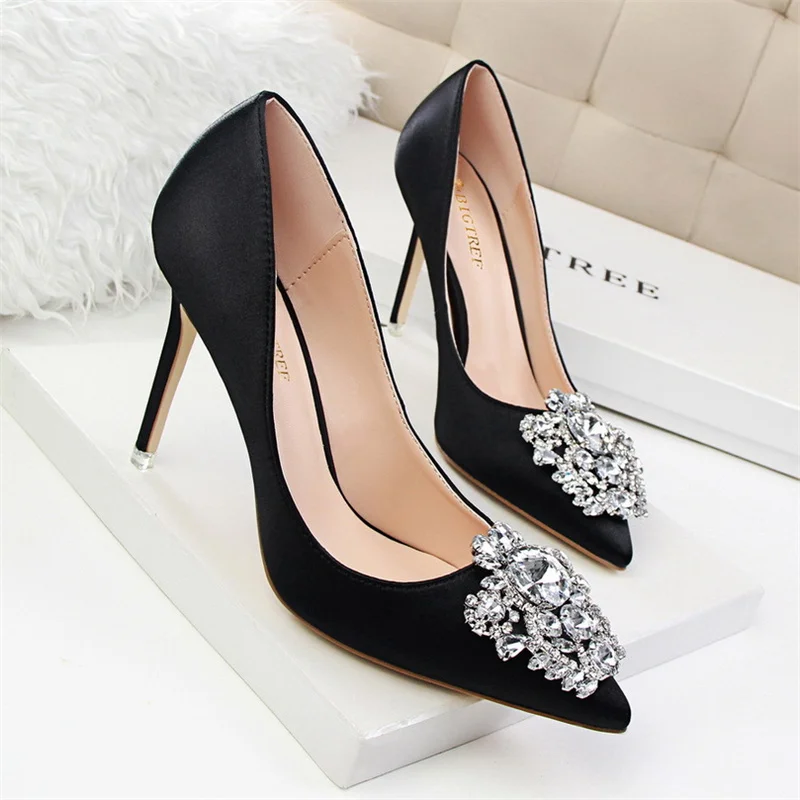 Silver Solid Women Bridal Wedding Shoes Faux Silk Satin Rhinestone Crystal Pointed Tip Shallow Buckle Thin High Heel Shoes