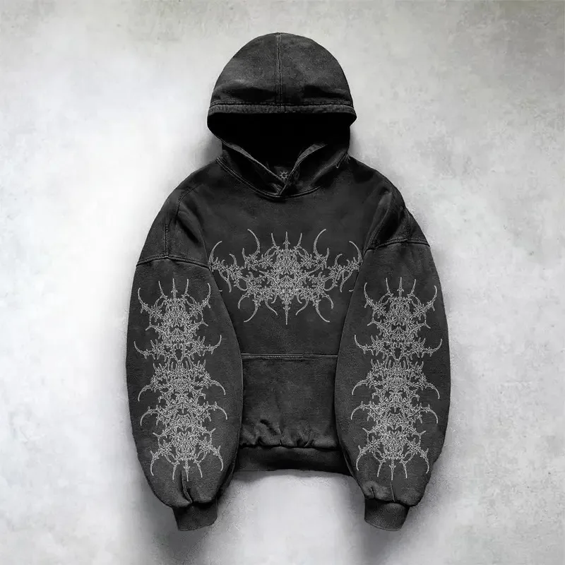 

Washed Black Cotton Printed Element Fashionable Pullovers Sweatshirts Y2k Aesthetic Casual Street Sweatshirts Autumn Tops