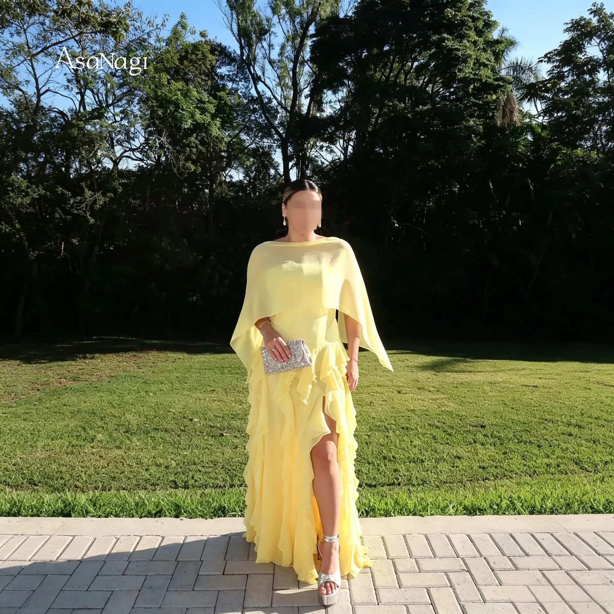 Boat Neck Integrated Cape Chiffon Evening Gown Multi‑Layer Ruffles High Slit Floor Length Formal Party Dress