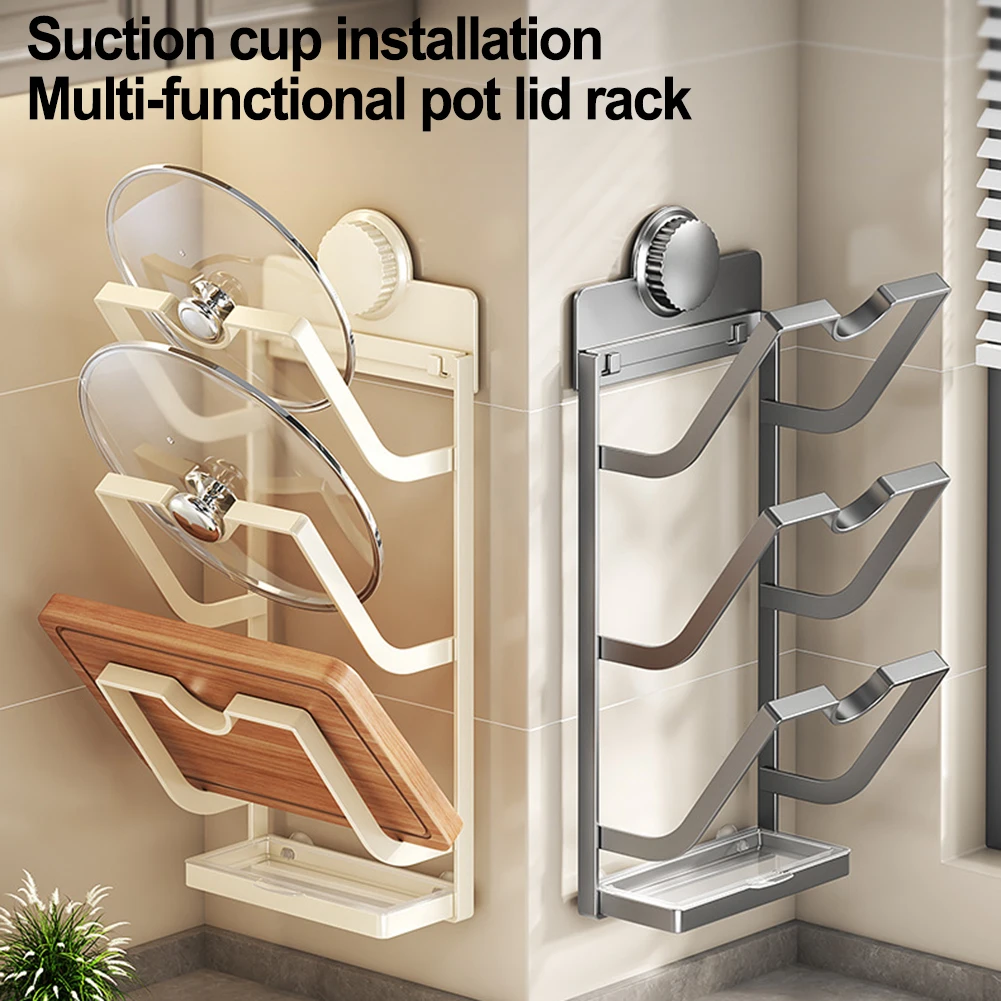 

Wall-Mounted Pot Lid Holder With Drain Tray 3/2 Tier Kitchen Countertop Metal Hanging Pot Cover Storage Rack Stand Kitchen Tools