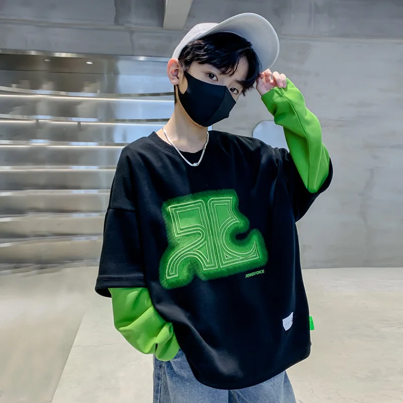 5-14Y Boys Cotton Loose Contrast Patchwork Tie Dye Workout Sweatshirt School Kids Track Pullover Jumper Coat Child Outfit Tops