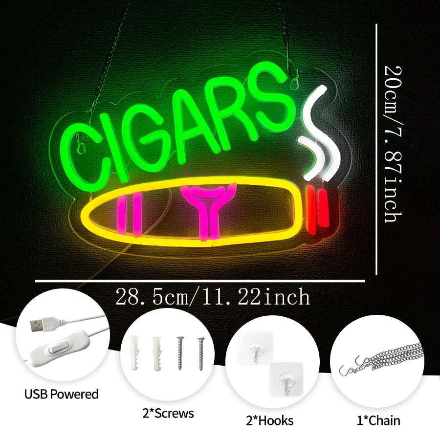 Cigars Neon Sign For Wall Decor, Led Neon Light Up Signs For Man Cave,Bedroom,Office,Hotel,Bar,Recreation Room Decor,USB Powered