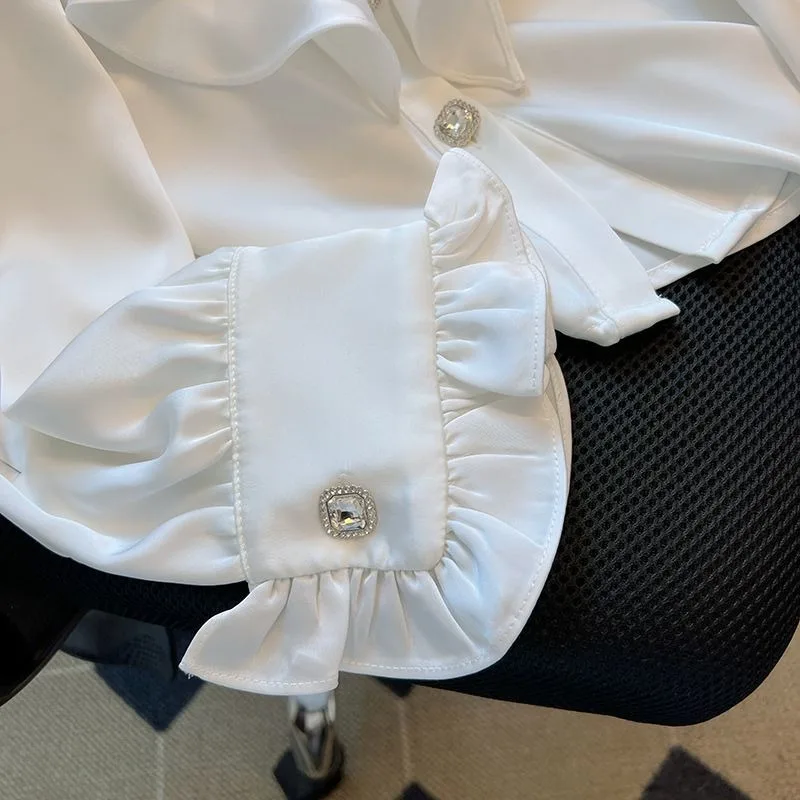 Turn Down Collar Ruffles Patchwork Bowknot Shirts Vintage Court Style Sweet Design Sense Blouses Single-breasted Chic Blusas