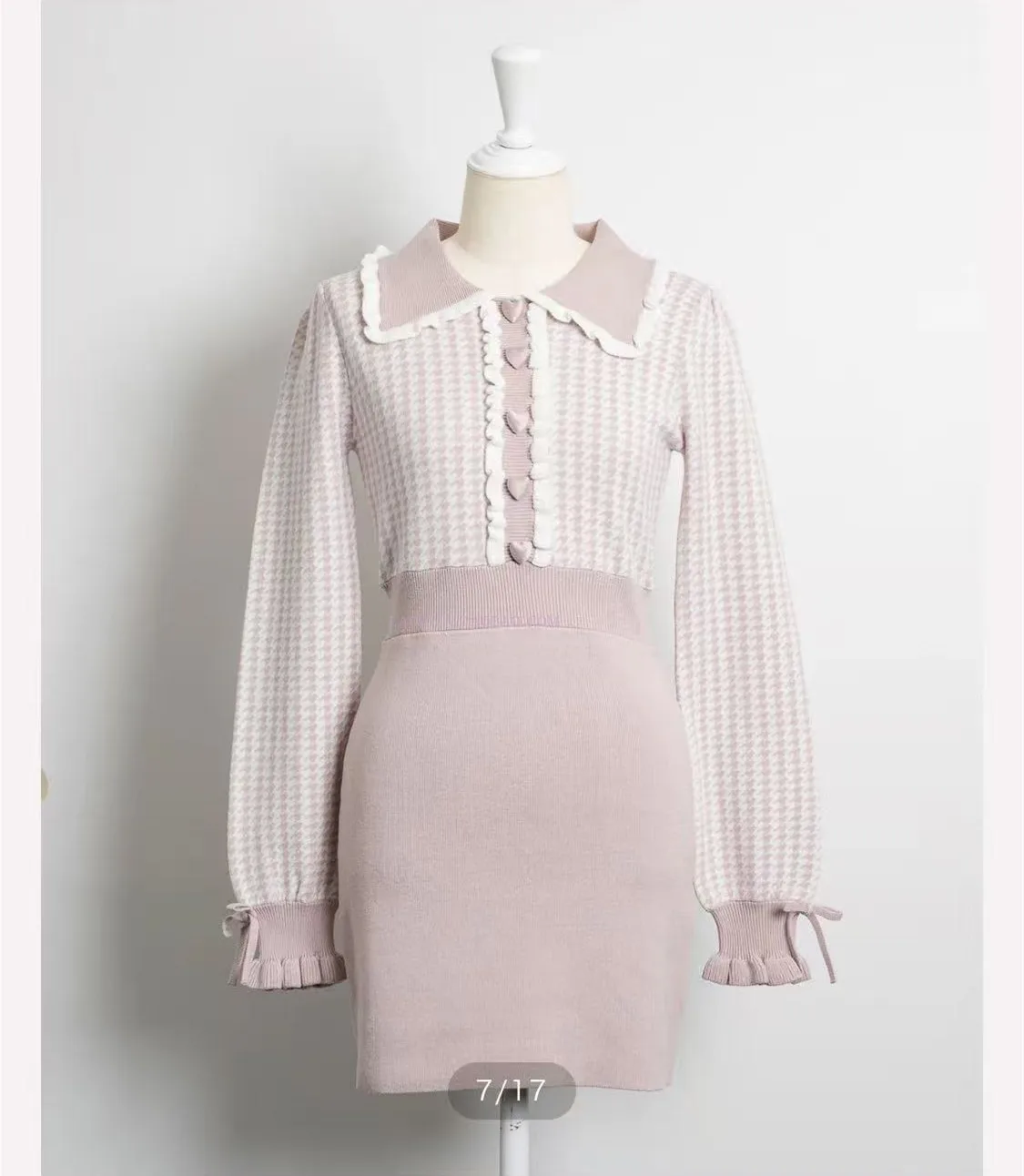 Vestidos de manga larga de otoño estilo japonés Original de gama alta pata de gallo Jacquard Patchwork con volantes vestido de punto de cuello pequeño