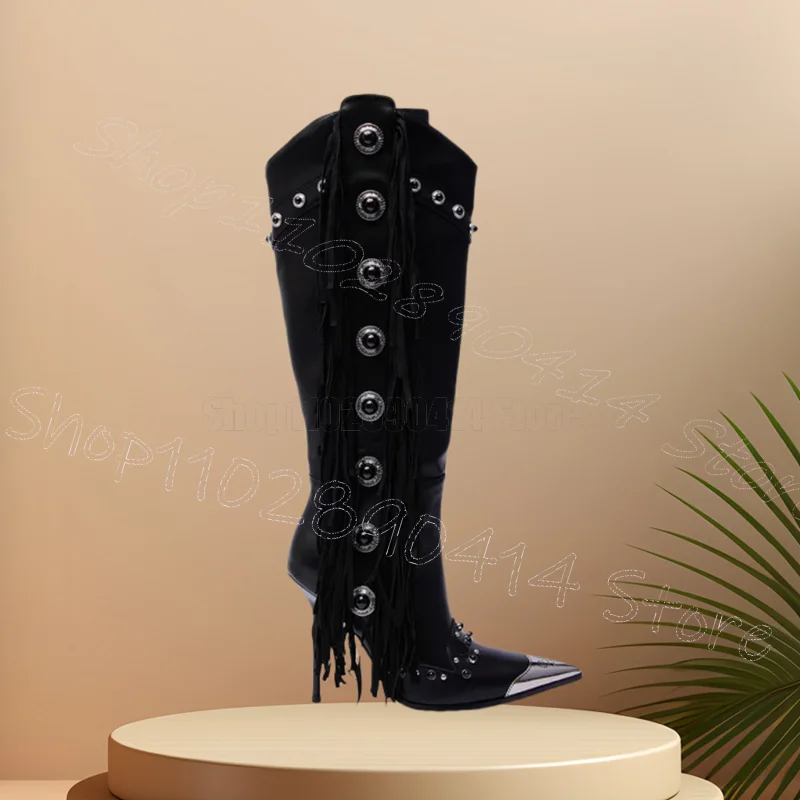 

Metal Button Black Tassels Pointed Toe Boots Side Zipper Women Shoes Thin High Heels Sexy Party Banquet 2025 Zapatos Para Mujere