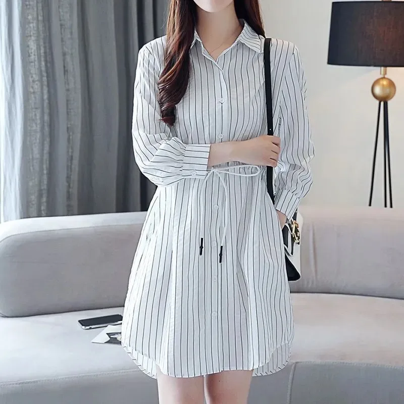 

Striped Shirt Long Sleeves Mid-length Shirt Dress Waisted Tie Loose Buttoned Lapels Contrasting Color Fashion Dress