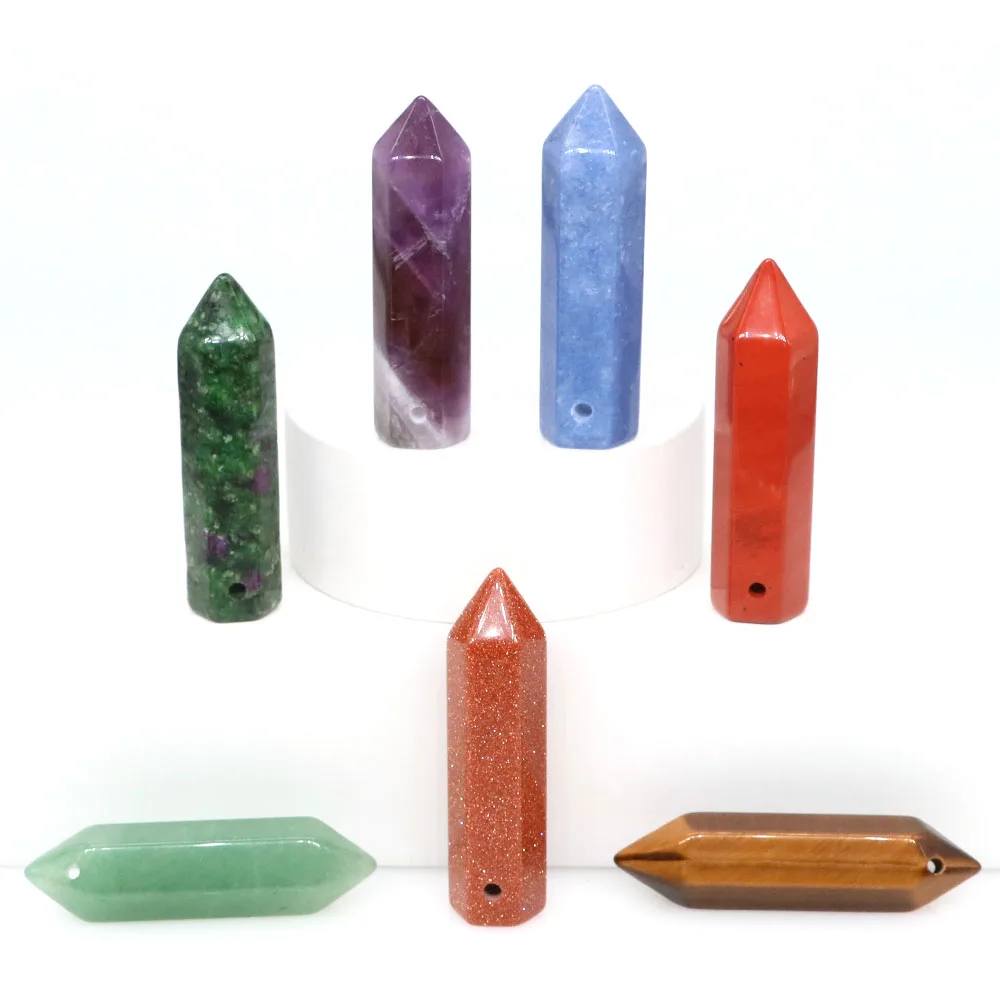 10x40mm Drilled Hole Point Wand Natural Stone Healing Crystal Reiki Gems Tower Craft Hexagonal Column DIY Pendant Jewelry Charms