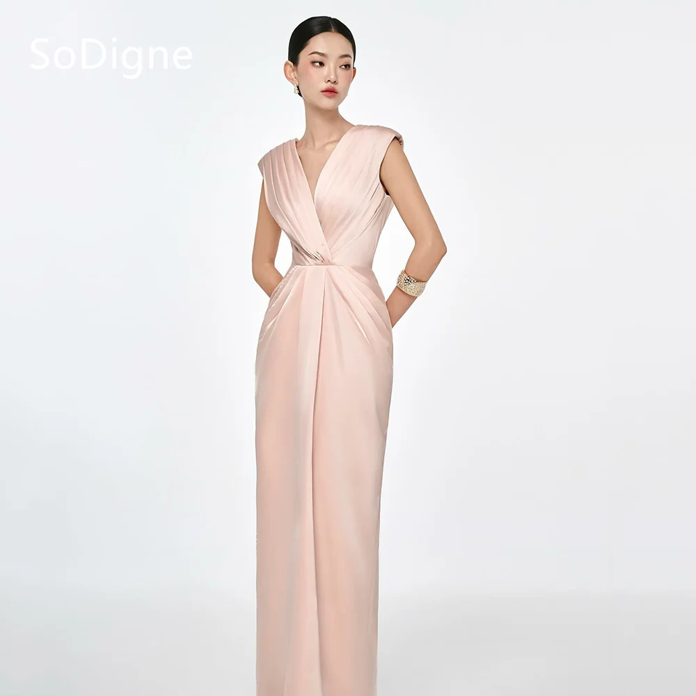 

SoDigne Elegant Satin Evening Dresses V-Neck Pleats Sleeveless Party Dresses Mermaid Slit Prom Gowns Customized