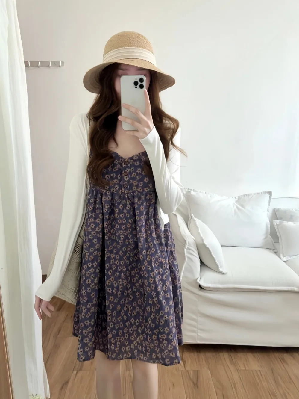 

Retro Long Sleeve Thin Cardigan Coat Women's Summer Inner Strap Dress Two-Piece Set High Waist Floral Print Casual Fashion