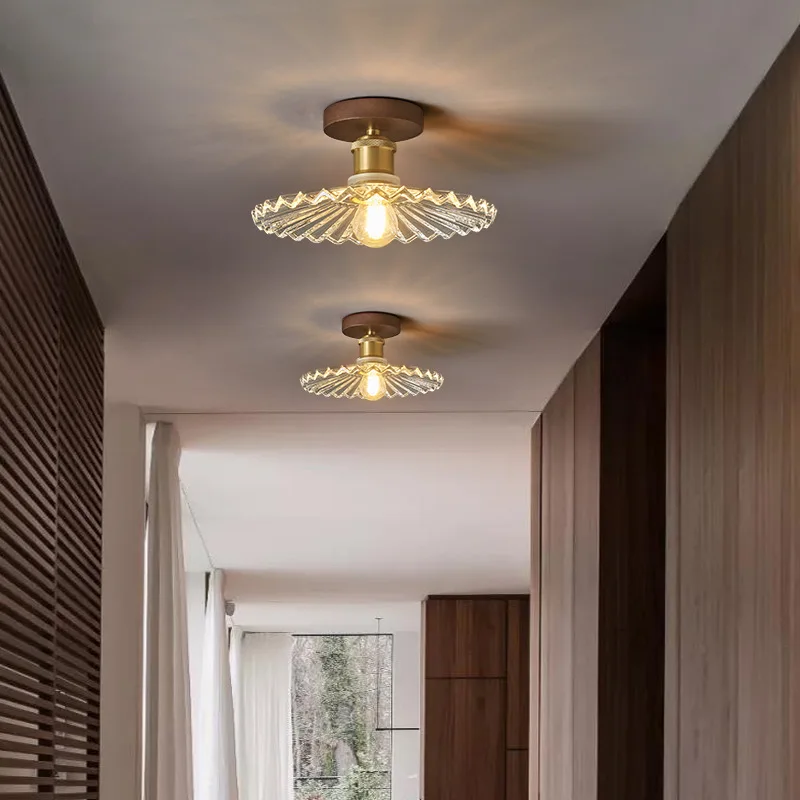 Middle Ancient Style Solid Wood Glass Ceiling Lamp, Simple Retro Decor Lighting Fixtures for Corridors Entrance Halls Balconies