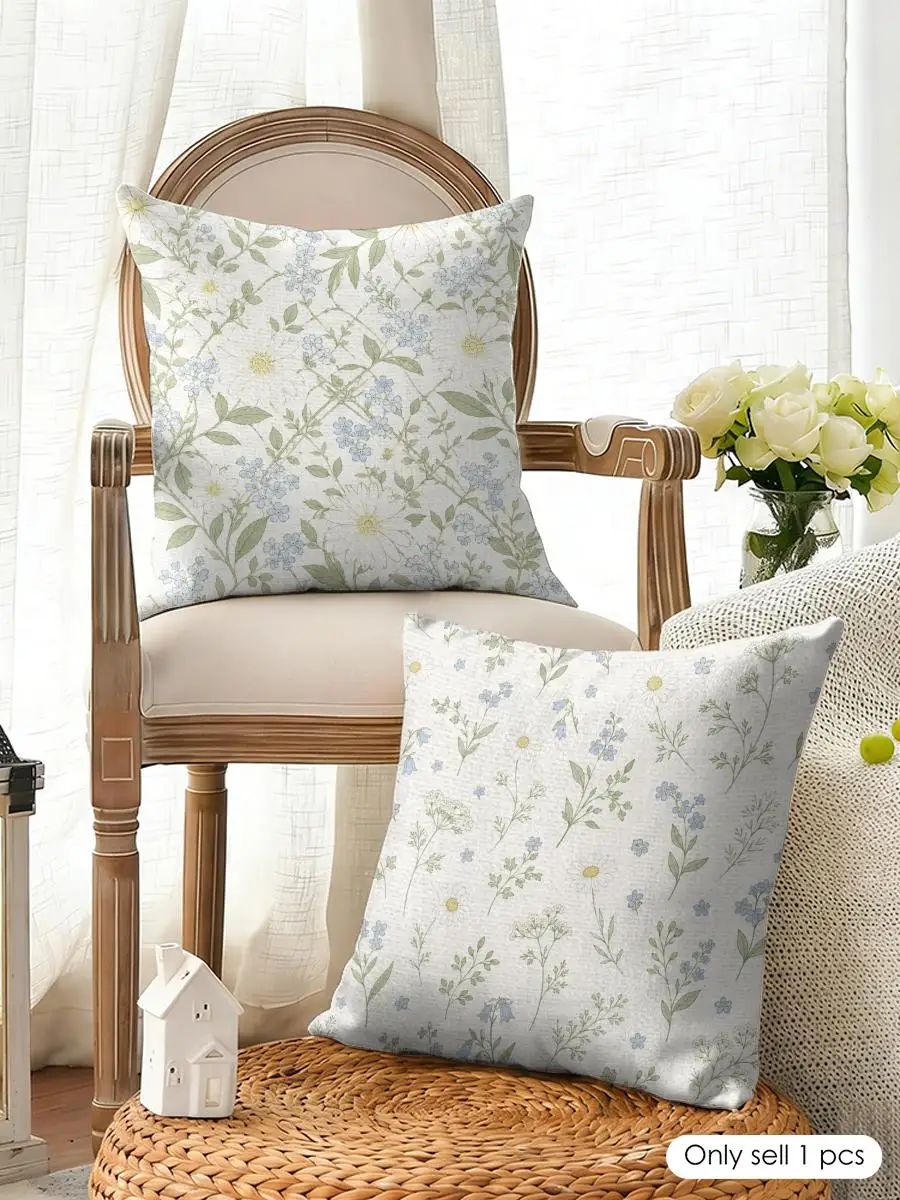 Blue Green Daisy Flower Cushion Cover Natural Linen Organic Fabric Double-Sided Printing Breathable Perfect For Home Decor