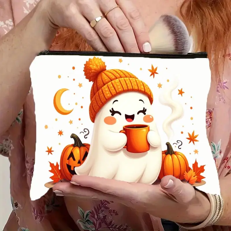 2D Flat, Adorable Halloween Print Cosmetic Makeup Bag with Zipper Closure  Lightweight & Portable Toiletry Organizer Storage Bag