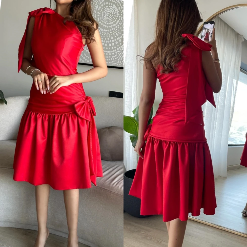 

Jiayigong Satin Bow Draped Beach A-line One-shoulder Bespoke Occasion Gown Knee Length Dresses