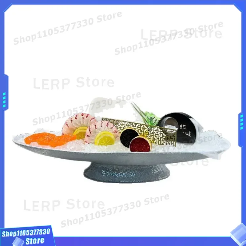Dark Blue Ceramic Sashimi Plate Creative Fish Carving Dish High End Artistic Seafood Platter Salmon Serving Tray Ice Base