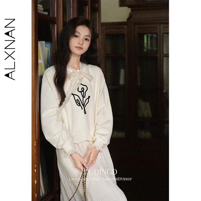 ALXNAN Women's Sweatshirts Apricot Round Neck Flower Pattern Lace Stitching Pullover Autumn Loose-fit Long Sleeve Tops L569106