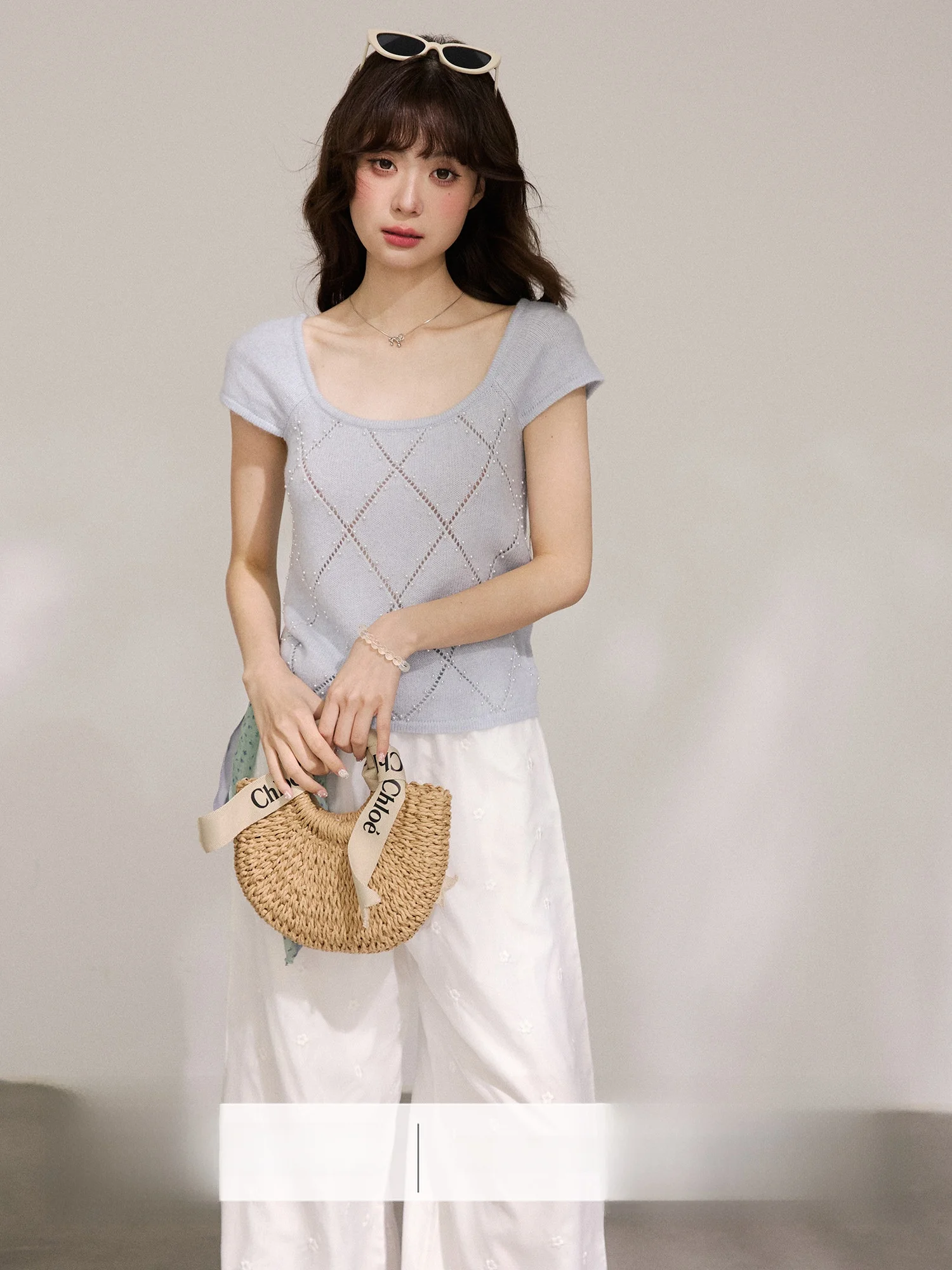 

Fashionable Winter Knitted Sweater Short Sleeve Square Collar Rhinestone Diamond Patterned Women's Casual Style Nylong Blend
