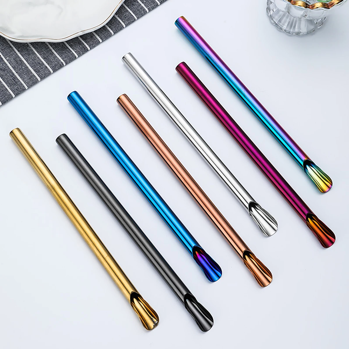 5pcs 304 Stainless Steel Reusable Straw Set Pearl Milkshake Bubble Tea Straw with Brush Stirring Smoothie Spoon Shaped Straw Set