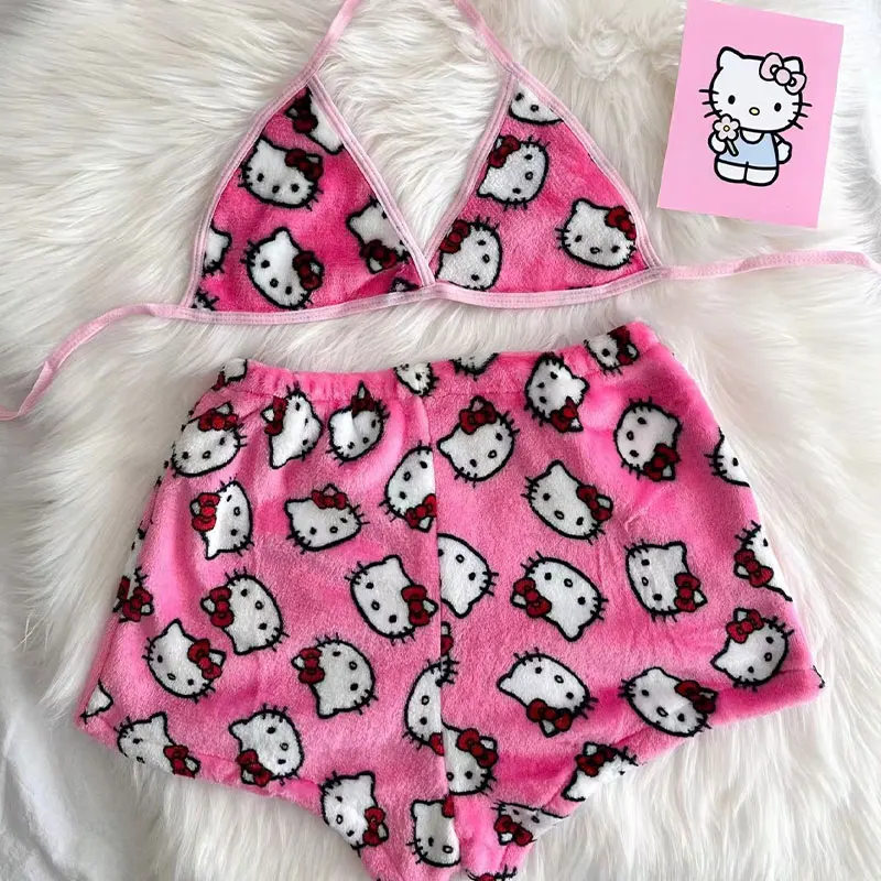 Sanrio Pajama Set Hello Kitty Womens Y2K Pajamas Shorts with Bra Soft Flannel Sleep Bottoms Women Pink Bra Homewear Two-Piece