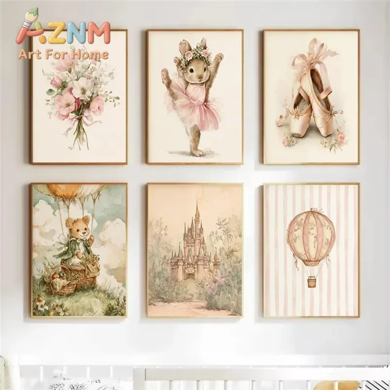 AZNM Watercolor Cute Bunny Bear Castle Hot Air Balloon Canvas Wall Art Pink Floral Ballet Shoes Frameless Print Poster for Nurse