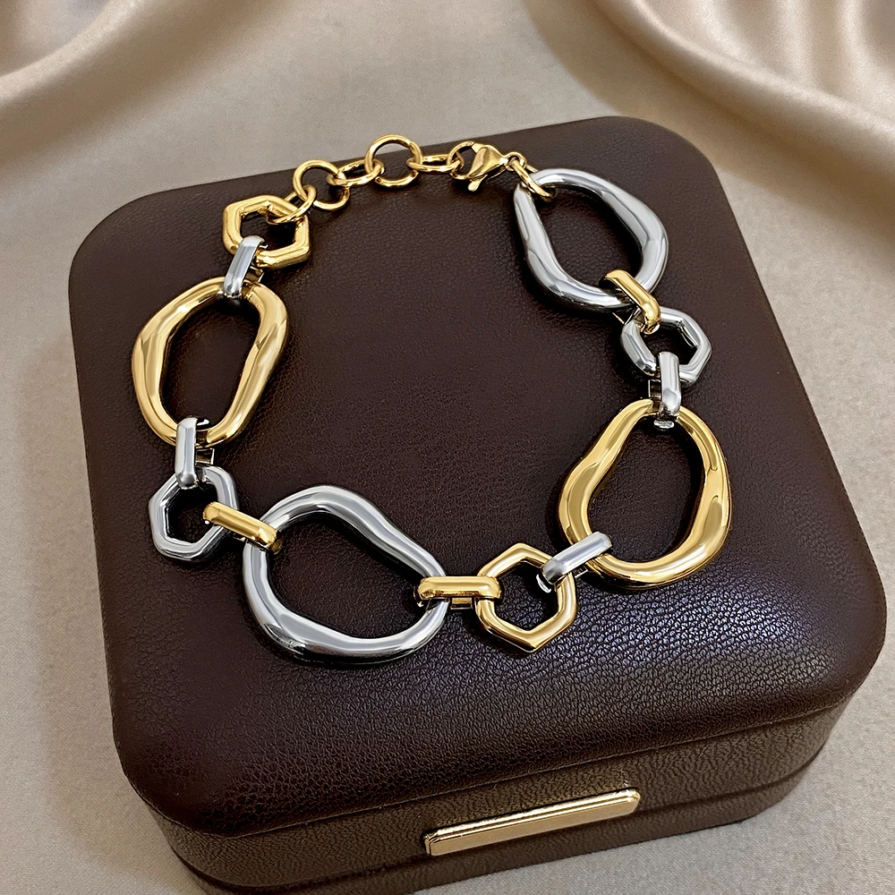 Chunky New Trend Gold Silver Color Hollow Geometry Shaped Stainless Steel Unique Bracelet Statement Waterproof Fashion Jewelry