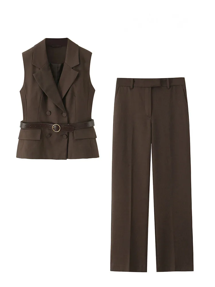 

HH Women Summer Solid 2-Piece Set Double-Breasted Sleeveless Belt Vest+Casual High Waist Pockets Zipper Straight Leg pants