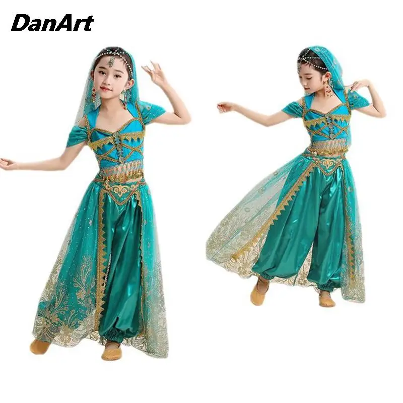 Vestido de princesa Jasmine para niños, conjunto de traje de danza del vientre para niñas, vestido de práctica de actuación, ropa de entrenamiento