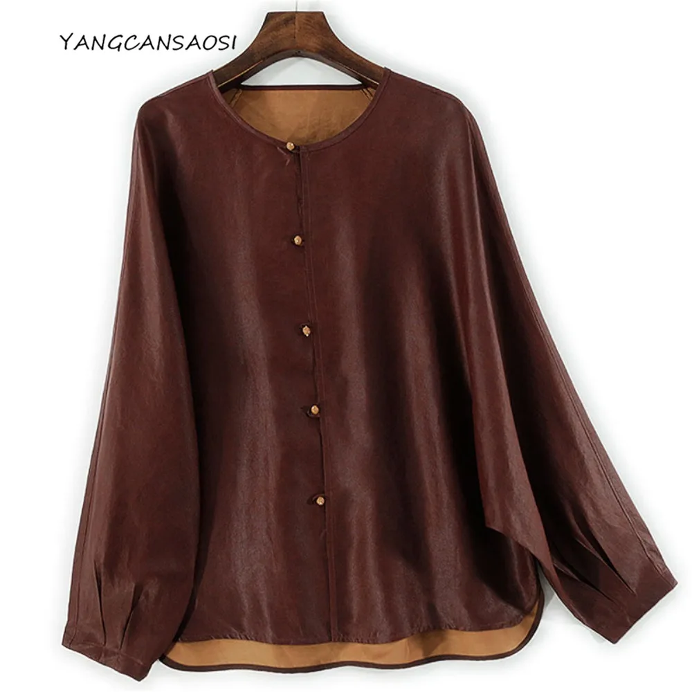 

2025 Women's Fashion Autumn New 100% Natural Mulberry Silk Gambiered Guangdong Gauze Round Neck Long Sleeve Red Brown Loose Coat