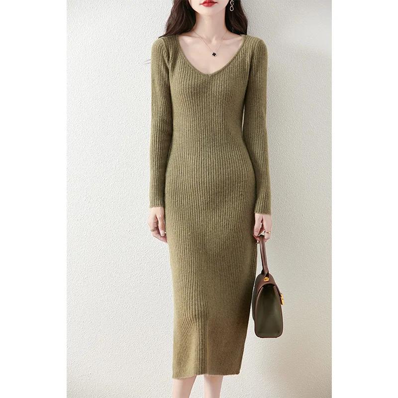 Dresses On Offer Clearance Free Shipping Women's Dresses 100% Wool Knitted Jumpers 2024 Winter V-neck Loose Dresses  Pullovers